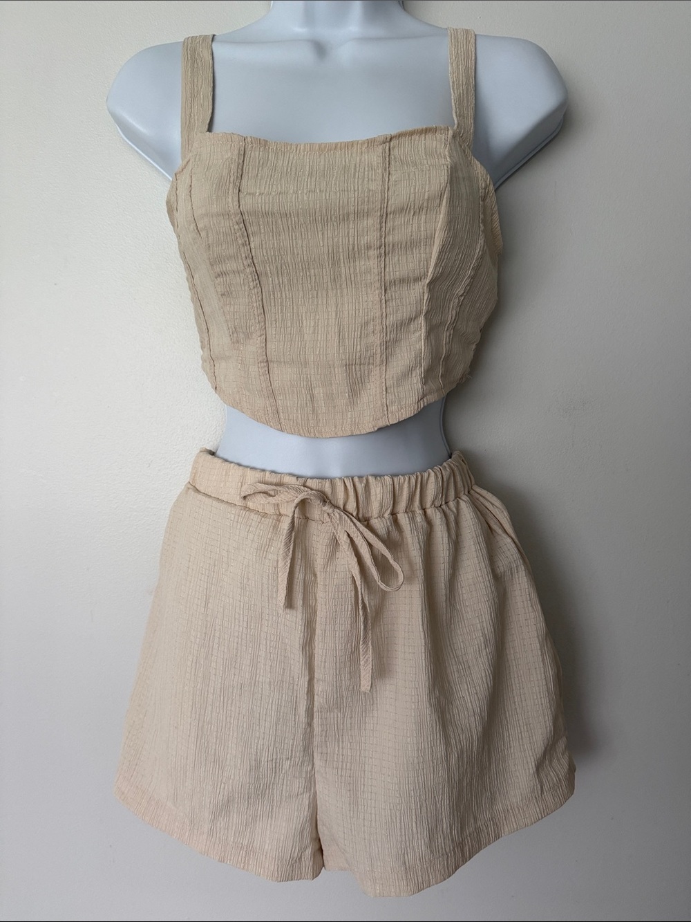 Beige Textured Two-Piece Crop Top & Shorts Set